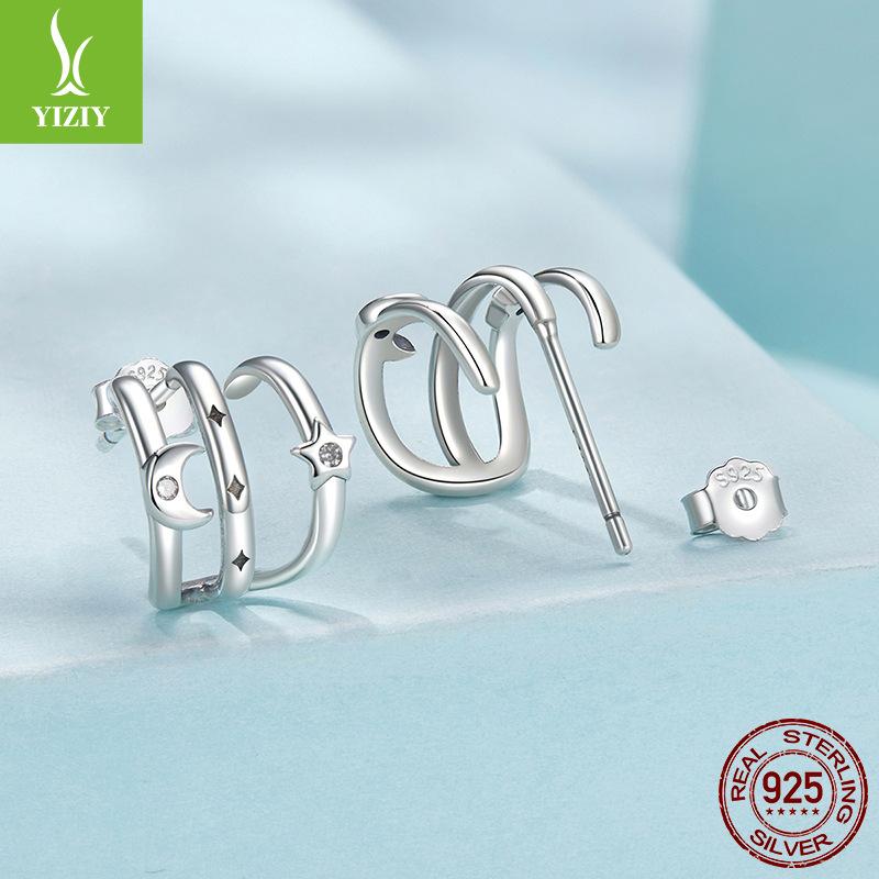 Star And Moon Multi-Circle Stud Earrings, Personalized Trend S925 Sterling Silver Niche Star And Moon Stud Earrings