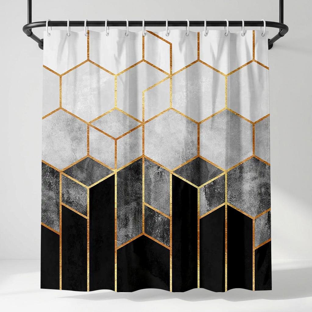 

Modern Geometric Hexagon Shower Curtain - Creative Gold Marble Line Art - Indoor Home Bathroom Decor Artistic Bath Curtain W60H190(CM)-1 Pcs