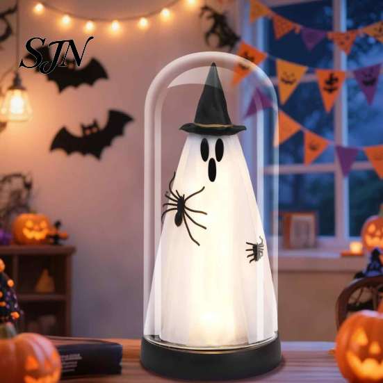 Atmosphere Lamp for Home Indoor Light Up Ghost In Dome Cloche, Halloween Cute Witch Decorative Glowing Figurine Table with LED Kitchen Mantel Tabletop