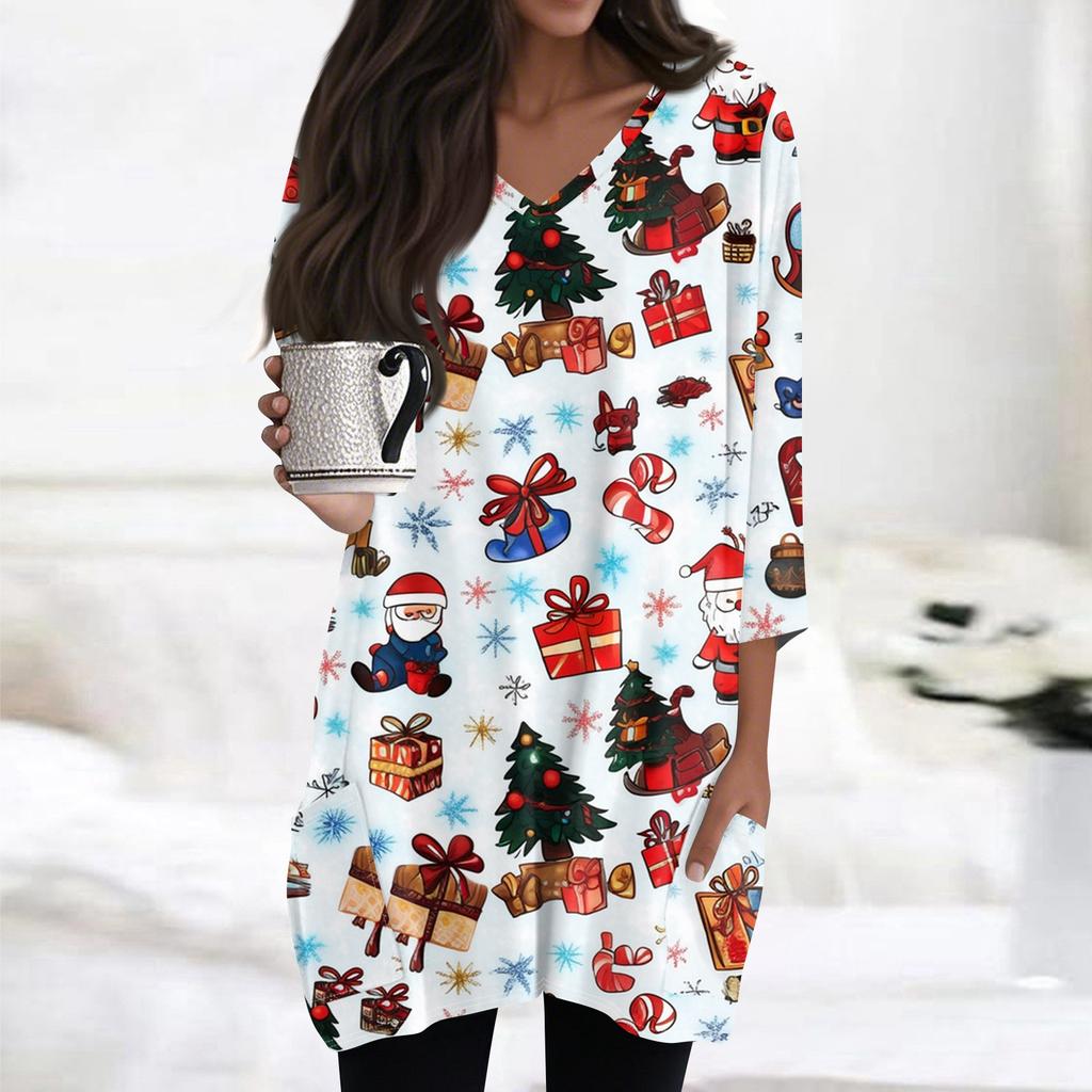Womens Tops V-neck 3/4 Sleeve Blouses Casual Mid-length Shirts Fashion Christmas Print Tunic Tops With Pockets
