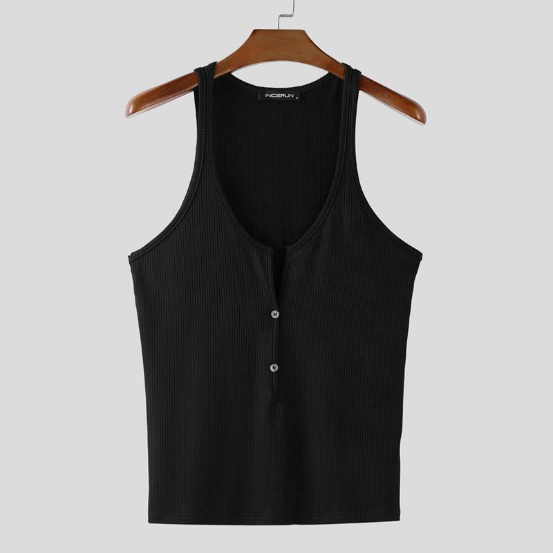 

INCERUN Men Deep U Neck Sleeveless Buttons Rib Fitted Casual Tank Tops S чёрный