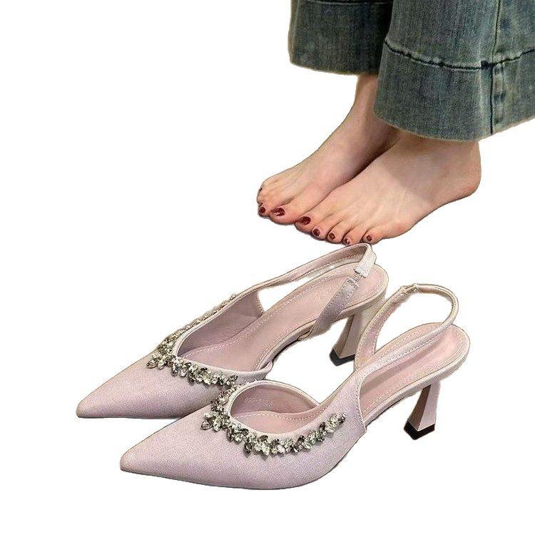Pointed High Heels Black Rhinestone Bag Head Sandals Shoes 2025 Spring and Summer Temperament Single Shoes