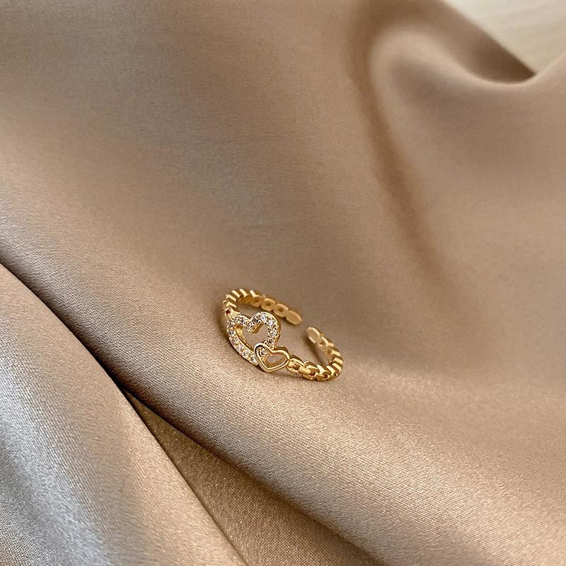 Fashion Double Heart Open Rings For Women Gold Color Crystal Chain Ring Girls Korean Party Jewelry Gift