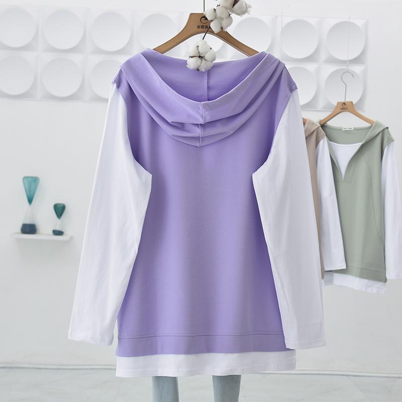 New Spring and Autumn Oversized Patchwork Loose Mid Length Casual Long Sleeved Hooded Fake Two-piece Hoodie for Women