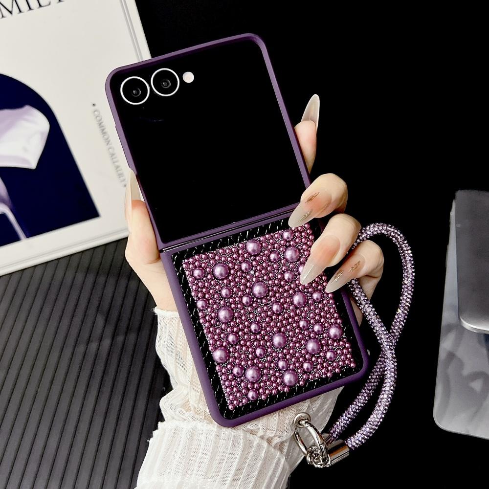 

Для Samsung Galaxy Z Flip7 Flip 7 6 5 4 3 Flip6 3D Чехол с жемчужной росинкой Блестящий браслет-ремешок Мягкий каркас Защитный корпус Galaxy Z Flip7 фиолетовый