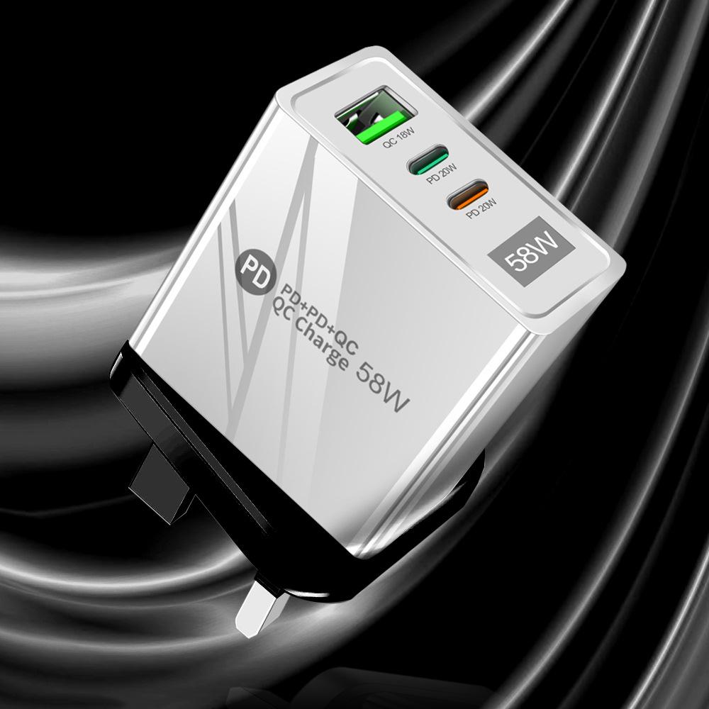 58W Dual Fast Charger with 2PD+QC3.0, Compatible with EU/US/UK Plugs.
