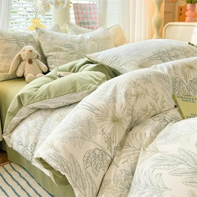 4pcs/set Plant Floral Print Set A Duvet Cover and Bed Sheet A Pair of Pillowcases Suitable for Bedroom Home Decor Bedding Sets