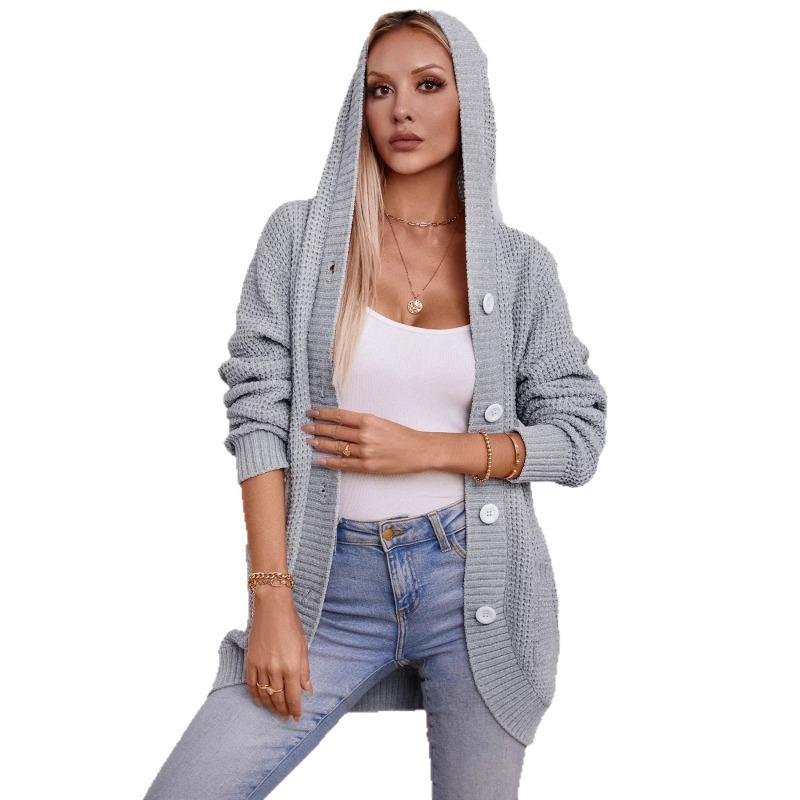 Long Sleeve Hooded Knit Cardigan Sweater Women Vintage Loose Button Front