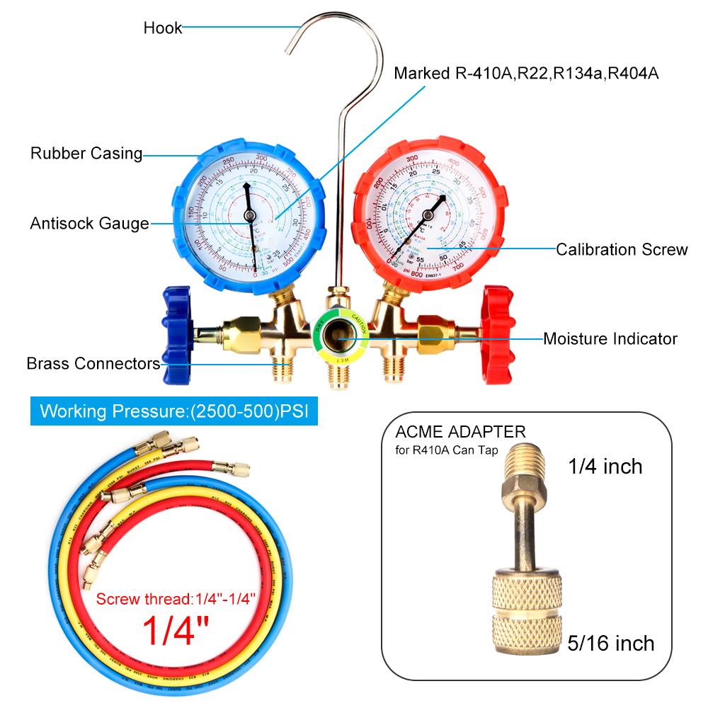 R410A R22 R134a R404A Manifold Gauge Set HVAC A/C Refrigeration Charging Service with Hoses Adjustable Couplers Adapter