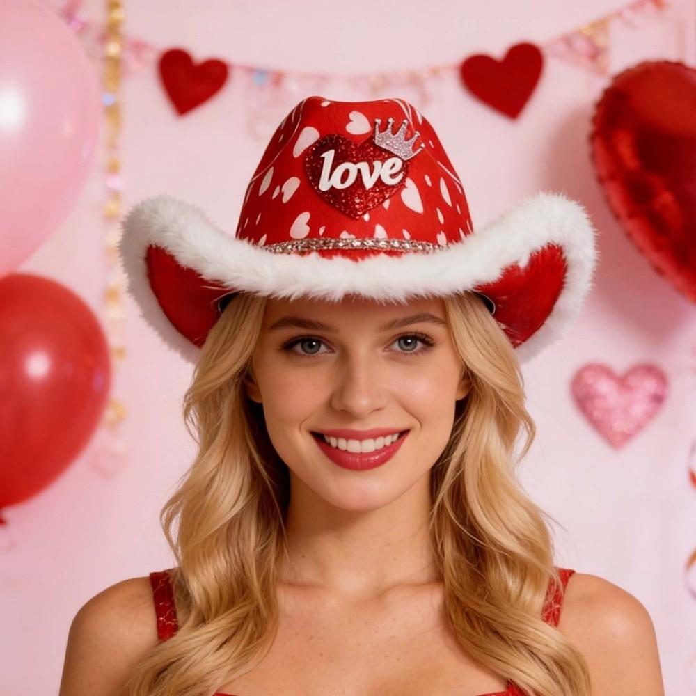 Wide Brim Red Heart Cowboy Cap Warmer Valentine's Day Party Hat Cool Cowgirls Top Hat  Fashion Show