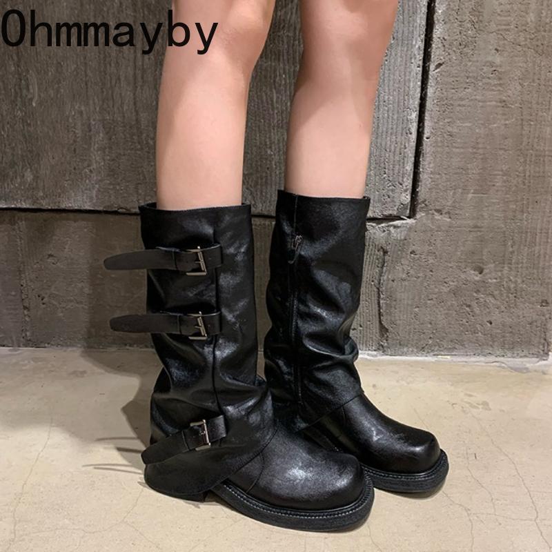 Vintage Gürtelschnalle Frau Western Cowboy Stiefel Mode Slipper Niedriger Absatz Lange Stiefeletten Botas De Inverno Feminina