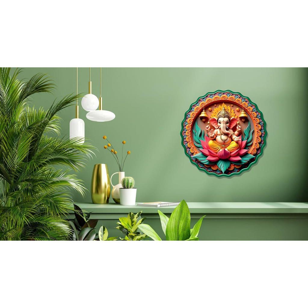Casa Rica MDF Wooden Wall Art 12x12 Inch | Ganesh Ji Sparkle Laminated Wall Hanging Frame for Living Room,