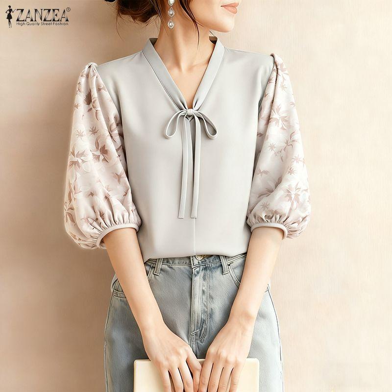 ZANZEA Women Casual V-Neck Loose Print Splice Half Sleeve Blouse