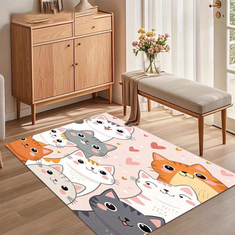 Cute Nursery Rug Cat Stack Heart Print Soft Plush Non Slip Washable for Kids Room Bedroom Toddler Play Area Home Decor Gift