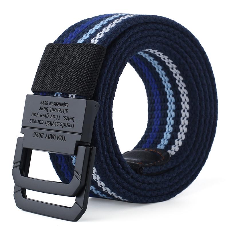 Men's Fashion Canvas Belt with Double Ring Buckle for Teens and Students - Leather-Accented and Adjustable Trousers Belt.
