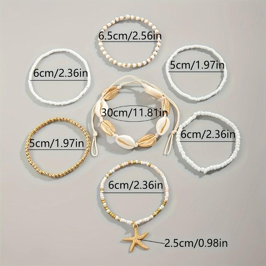 Plażowy Casual Modny Imprezowy Prezent dla Kobiet Wakacyjny Zestaw Bransoletek z Linki z Nawlekanymi Koralikami Ryżowymi Gwiazda Morska Akcesoria na Rękę Bohemski Zestaw 7 szt.