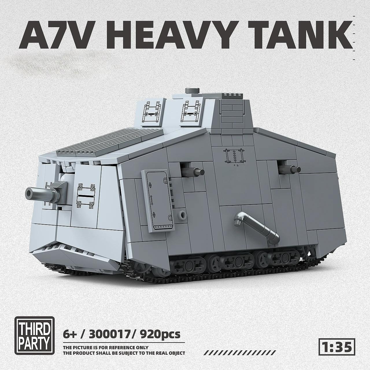 

920 деталей Серия Военная Строительные блоки Сборка MOC Немецкий Танк A7V Первой мировой войны 1:35 Модель Демонстрационный экземпляр Образовательный подарок для мальчиков Без коробки