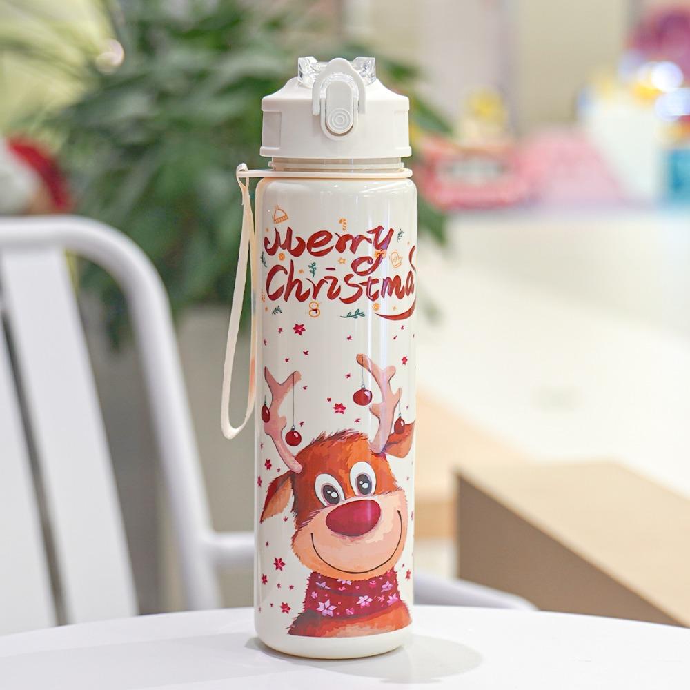 NEW 700ml Christmas Theme Water Cup Cartoon Plastic Plastic Straw Mug with Straw with Lanyard Water Bottle Gifts  0.25L