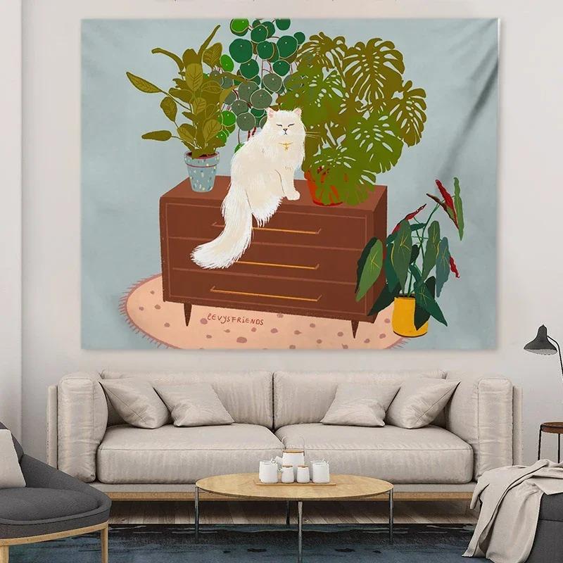 Çizgi Film Kedi Desenli Dekoratif Goblen Ev Duvarı Oturma Odası Ofis Dekoratif Goblen