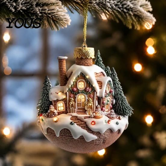 Unique Stocking Stuffer Gifts 2Pcs Fairy Tale Coffee Cup Snow House Christmas Ornaments, Double-sided Acrylic Ornaments Hanging Decoration for