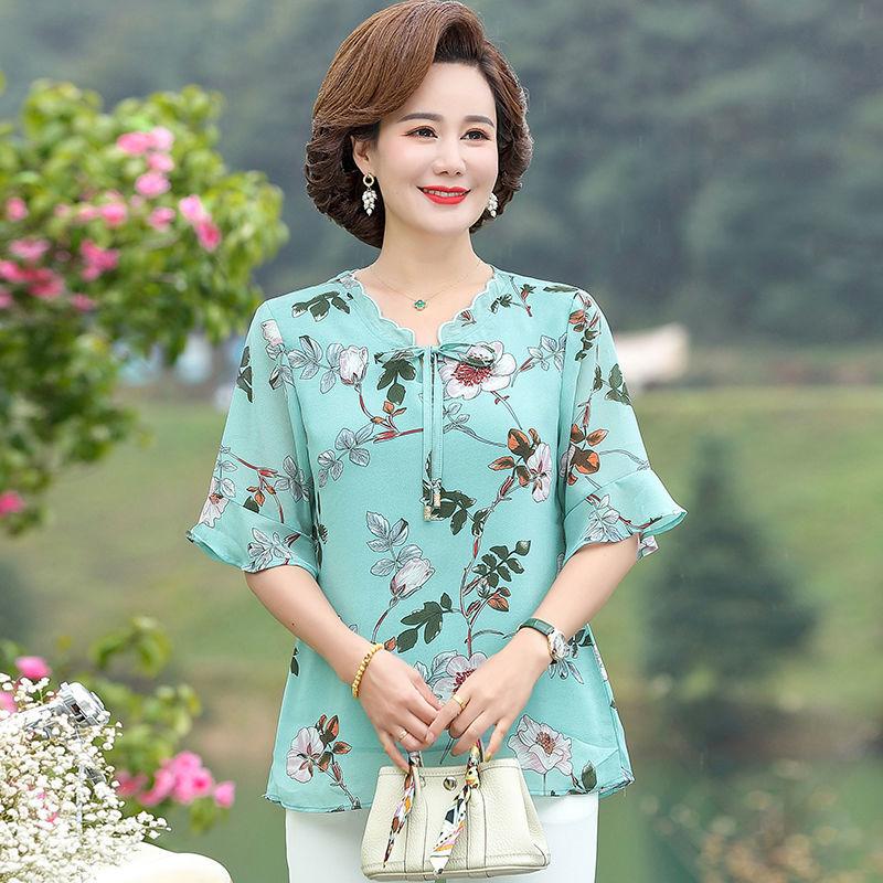 Mother Top Chiffon T-shirt Middle-aged and Elderly Short-sleeved Women's Clothing New Style Thin Shirt Fashionable