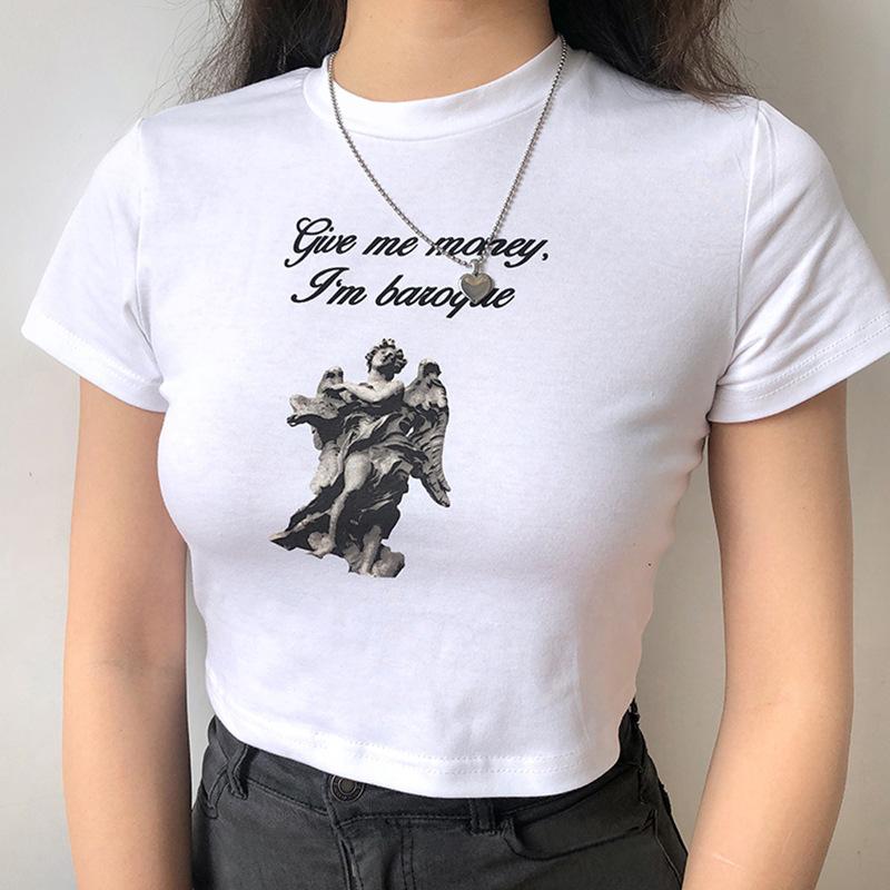 

Короткая футболка для женщин Летняя футболка в корейском стиле с высокой талией и коротким рукавом для студентов Облегающая одежда с открытым животом для женщин 2XL белый