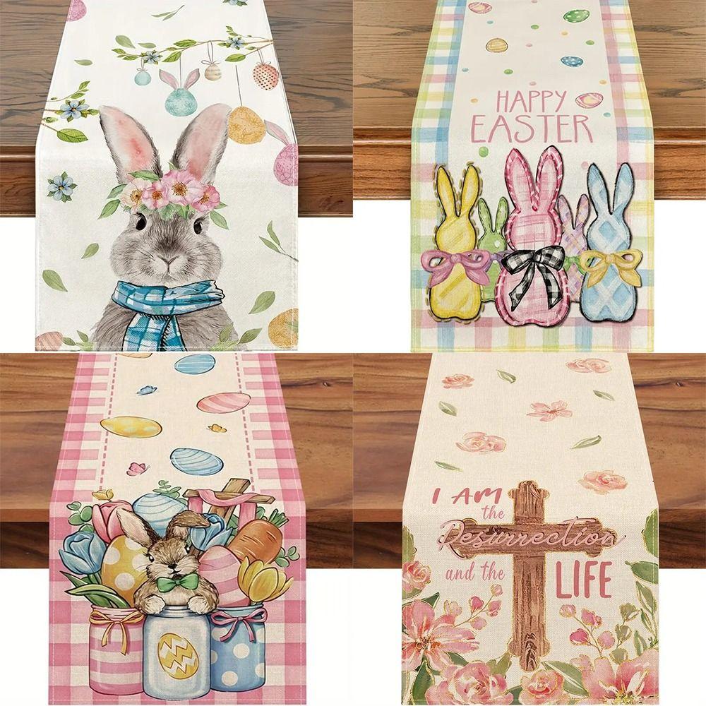 New Linen Happy Easter Table Runner Egg Rabbit Easter Tablecloth Bunny Placemat Dining