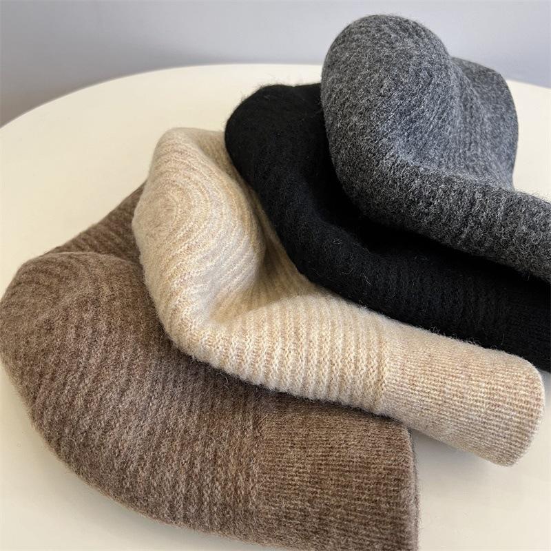 Korean Version Simple Retro Bucket Hat Women Japanese Warm Solid Knitted Fishmen Caps Female Casual Outdoor Hat Autumn Winter