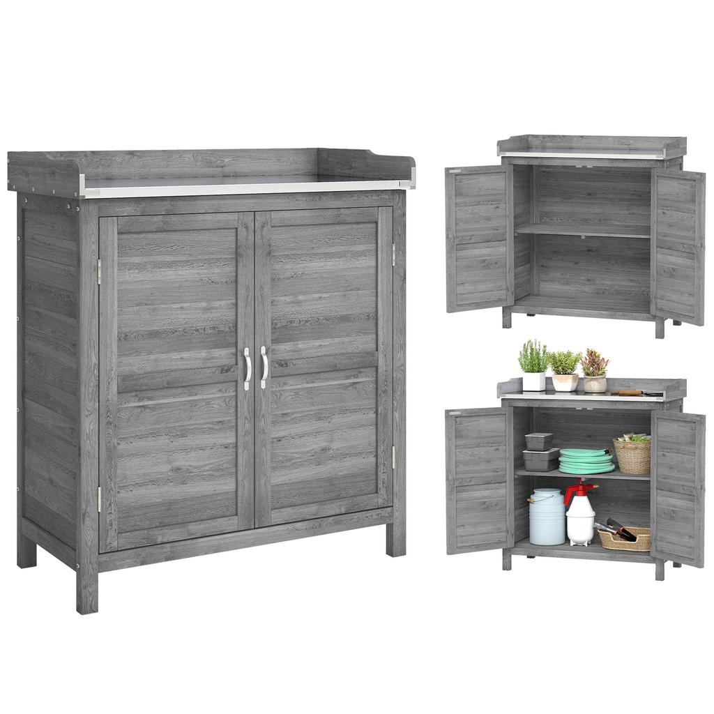 Garden Cabinet with Potting Table, Wooden Tool Shed with Galvanized Worktop, 2 Shelves, Grey