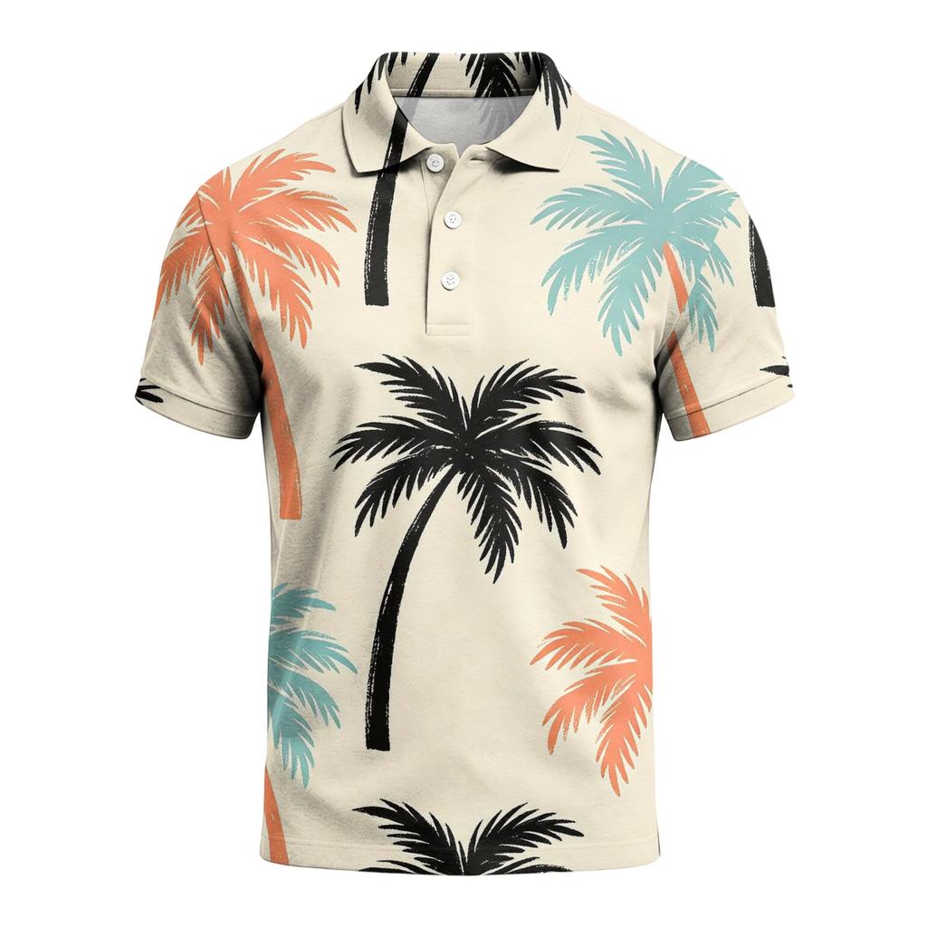 Men's Summer Hawaiian Style Printed Polo Shirt Loose Fit Casual Vacation Short Sleeve Top with Button Down Collar