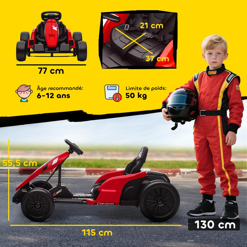 Electric Go-Kart for Kids, 24 V, 2 x 150 W Motors, Drift Mode, Adjustable Seat, Red