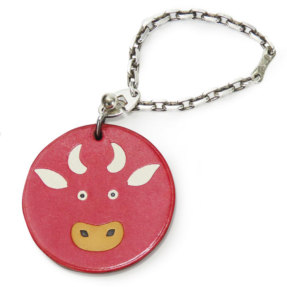 Used HERMES Bag Charm Animal Cow leather/Silver925 Red Accessory