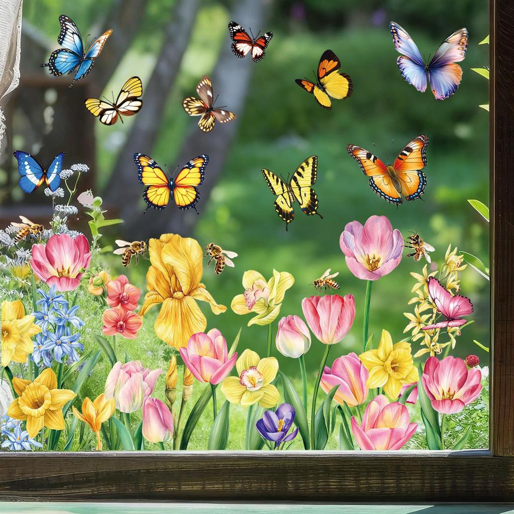 2026 Spring Window Stickers: Butterfly Flowers & Hummingbirds, Double-sided Glass Decoration for Living Room