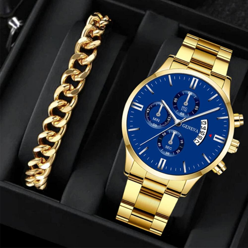 Fashion Business Trend Round Large Dial Calendar Quartz Watch + Bracelet (2pcs/set) Men s Quartz Watch Set Watch+bracelet+box