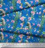 Soimoi Black Poly Crepe Fabric Pink Flower|Branch & Peacock Bird Print Fabric by the Yard 42 Inch