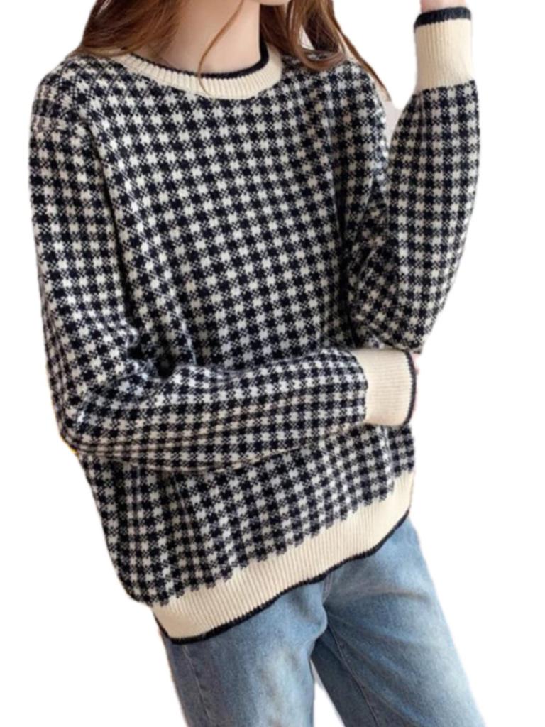 Korean Fashion Patterned Knit Gingham Loose Fit for and Spring and [KOREARU] Women's Top, Check, Cute, Girly, Stylish, Fall, Winter, (Black White)