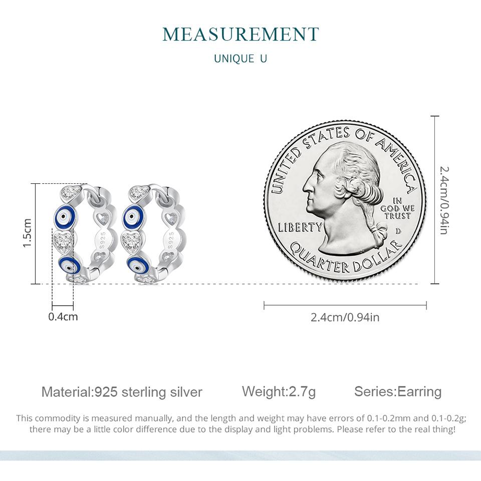 BAMOER 925 Sterling Silver Blue Evil Eye Ear Buckles Heart-shaped Zircon Hoop Earrings for Women Gift Fine Jewelry