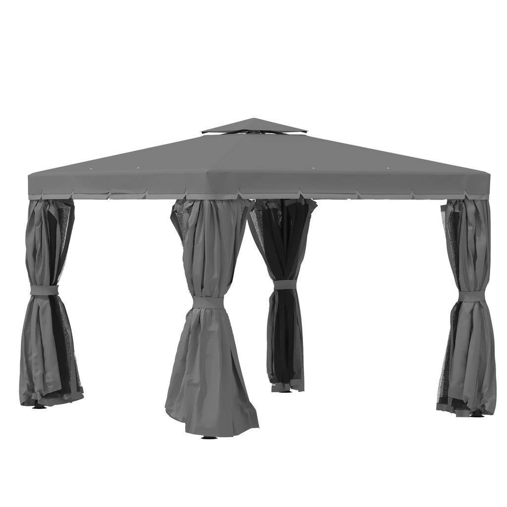 3x3(m) Tettoia Gazebo da Giardino Padiglione Tenda Riparo Tenda da Fiera con Tetto Impermeabile a 2 Livelli, Zanzariera e Tende, Struttura in Alluminio
