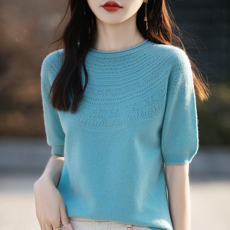 Knitted Short-sleeved T-shirt for Women In Summertime New Loose Pullover Sweater Large Size Round Neck Hollow Inner Layer Bottoming