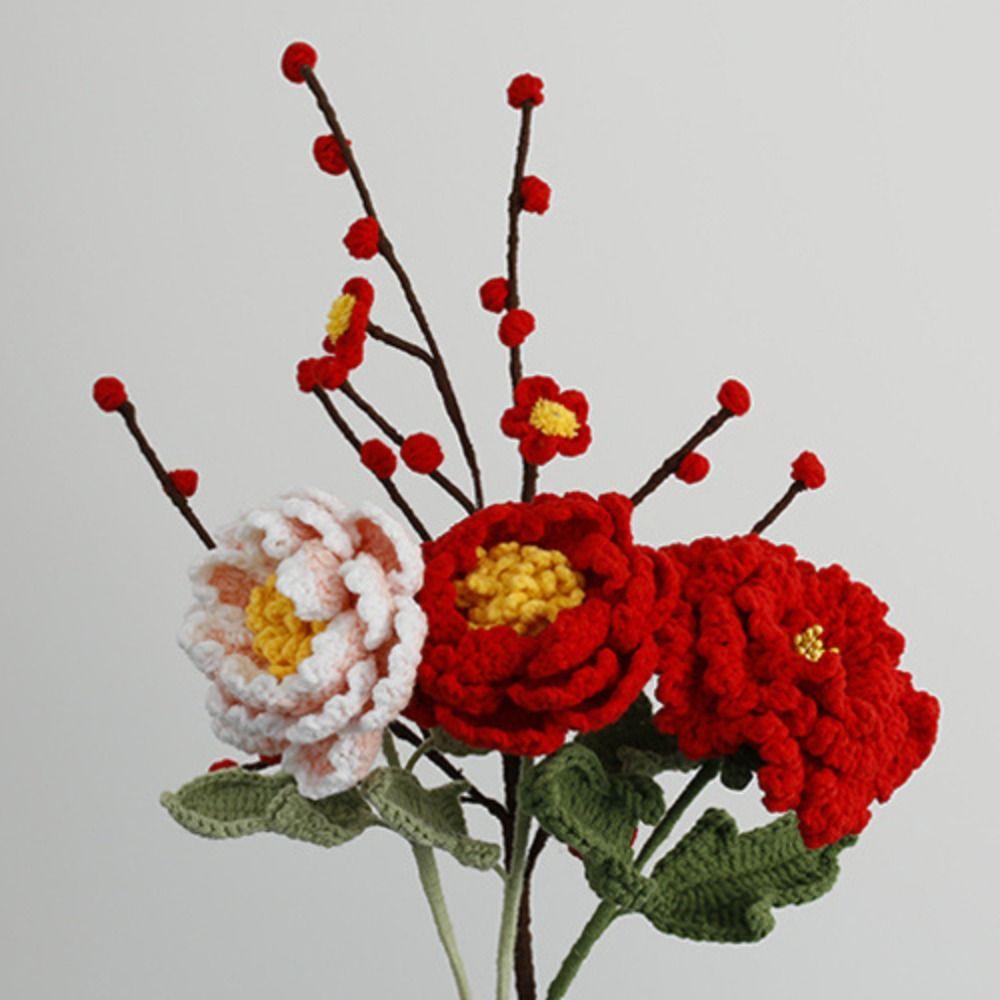 Wool Crochet Peony Bouquet Handmade Artificial Flower Exquisite Hand-woven Peony  Valentine's Day