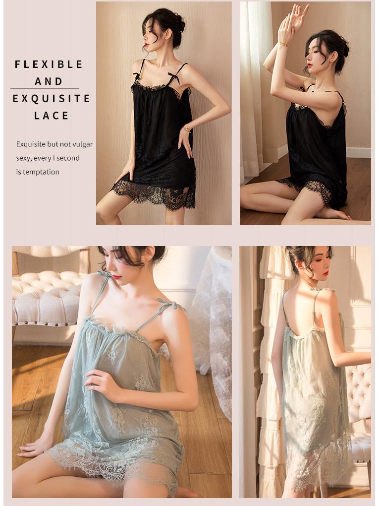 Camisón de encaje de tirantes de verano para mujer - Lencería y pijamas sexys con atadura