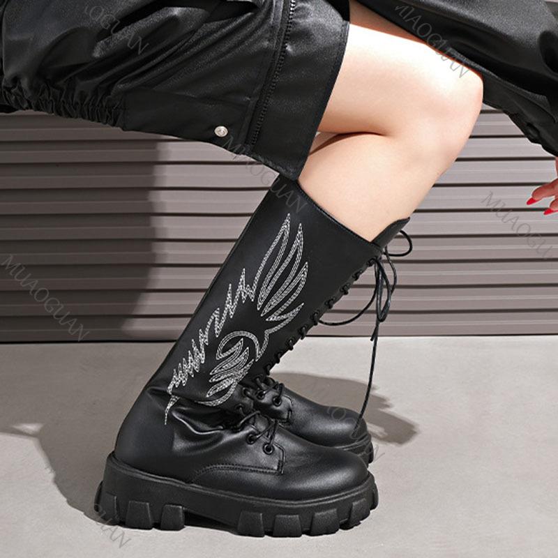 Fashion Embroidered Boots for Women 2025 Autumn New Thick-soled High-top Knee High Boots Retro Round Toe Long Platform Botas Femenina