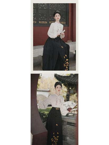 6516 Frühlings-Hanfu-Set: Besticktes florales Langarm-Oberteil + Pferdekopf-Rock
