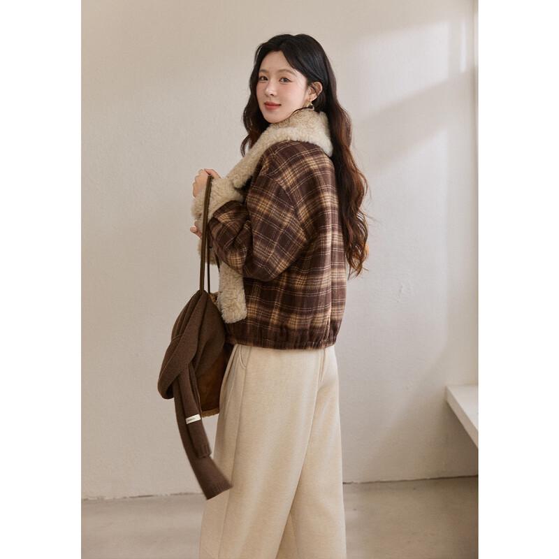 Mixiu Women's Retro Plaid Lamb Wool Padded Jacket