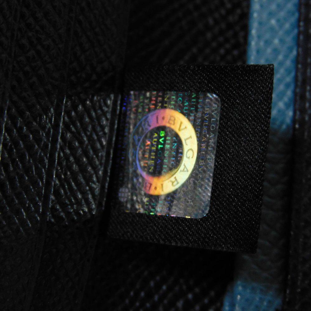 Used Bulgari Man Business Card Holder 7946 Navy Bi-Color Calfskin Bifold RFID Case (11679) Logo Metal Light Blue Men's