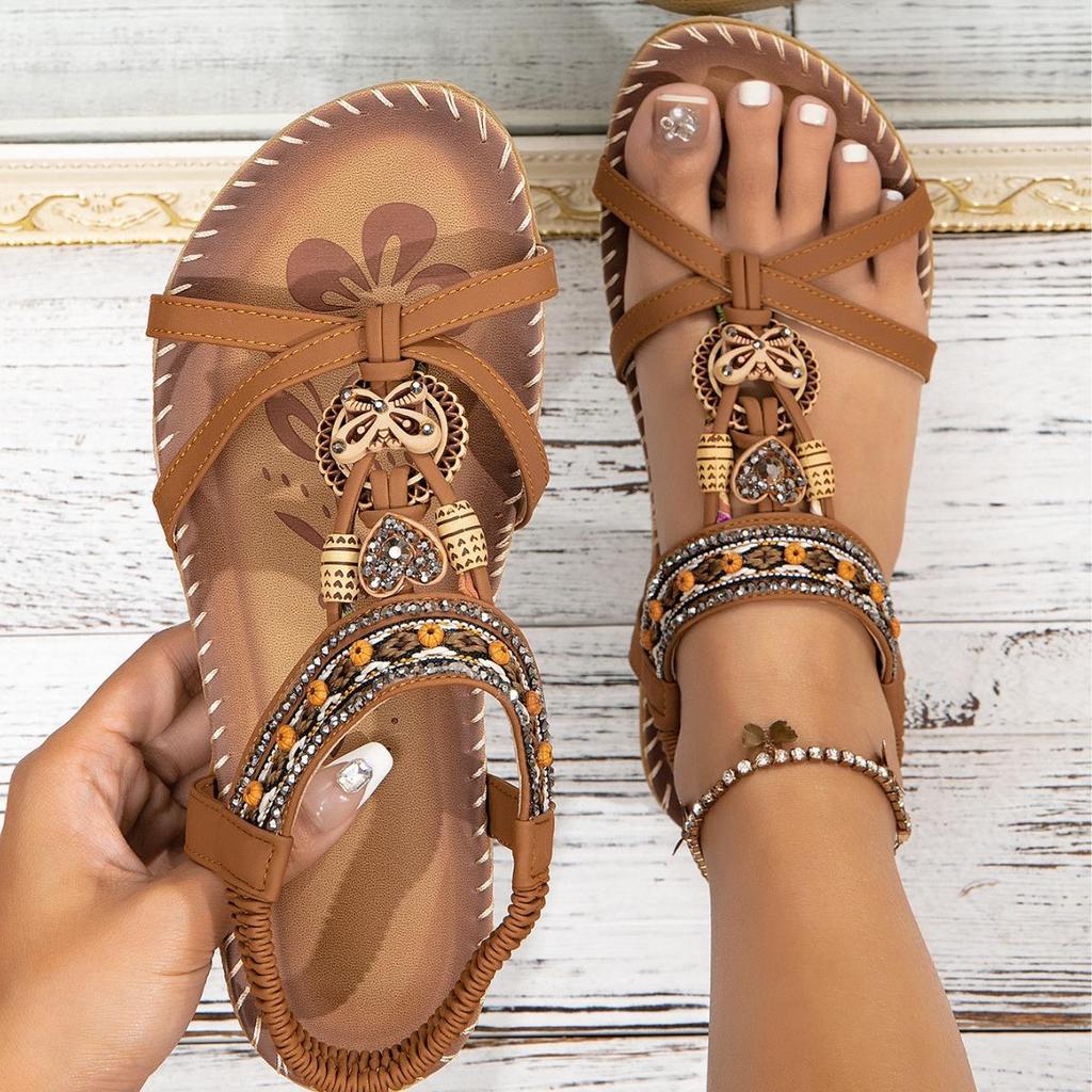 Fashion Retro Women's Sandals Flower Print Sewing Shoes Summer