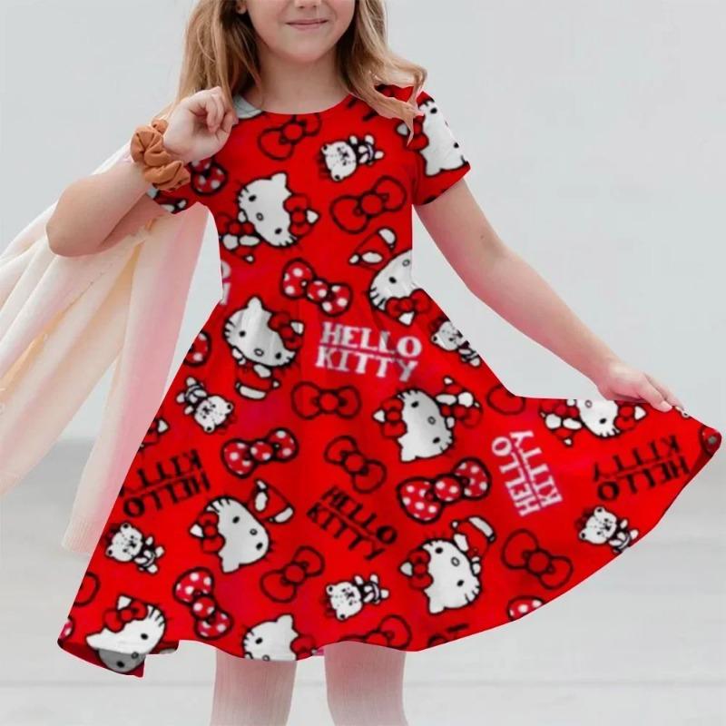 Sanrio Summer Hello Kitty Dress For Girls Women Short Sleeve Costume Princess Party Dresses Children's Dresses Toddler Clothes