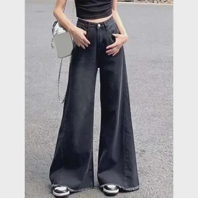 Women's Black Wide-Leg High-Waist Raw Edge Jeans