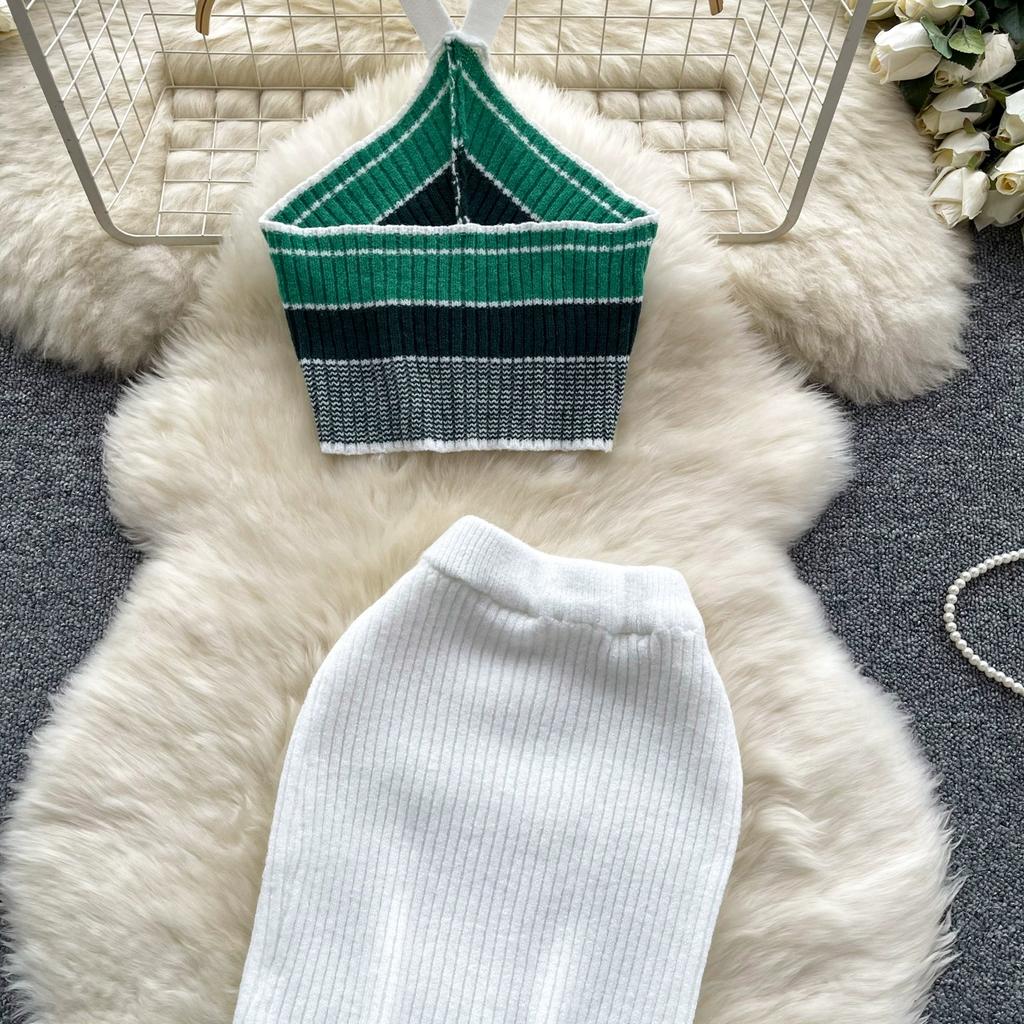 Summer Women Sexy Knitted Striped Sweater Halter Tops Vest and Mini Short Bodycon Sheath Skirt Two Piece Set