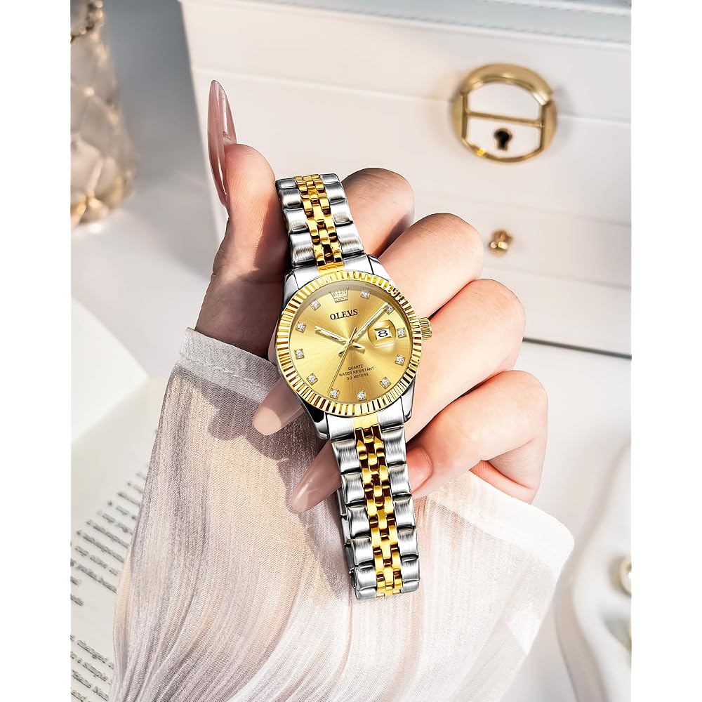 OLEVS Women's Fashion Dress Watch Analog Quartz Waterproof Stainless Steel Two-Tone with Diamond Gold Dial